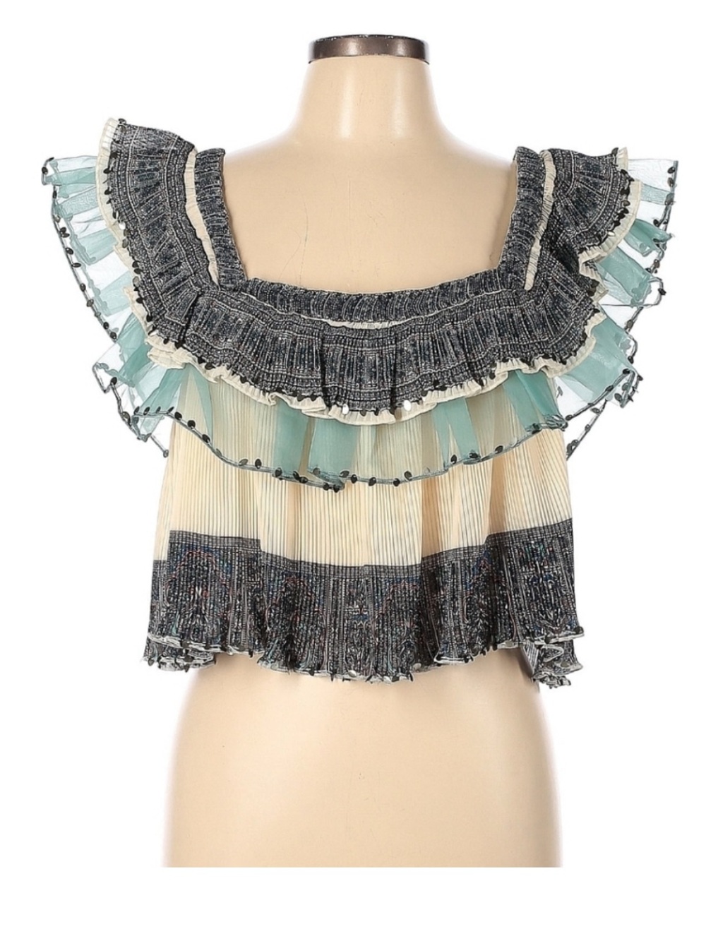 Women’s Anthropologie Ruffled Top in Cream and Seafoam
